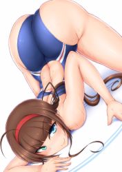 Rule 34 | 10s, 1girl, ahoge, all fours, aqua eyes, ass, bare shoulders, bent over, blue one-piece swimsuit, blush, brown hair, closed mouth, competition swimsuit, dutch angle, eyebrows, female focus, hairband, heterochromia, highres, huge ass, long hair, looking at viewer, one-piece swimsuit, ponponmaru, ryoubi (senran kagura), senran kagura, senran kagura shinovi versus, sidelocks, simple background, spread legs, swimsuit, top-down bottom-up, white background, wide hips