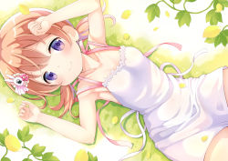 Rule 34 | 1girl, apron, armpits, bare arms, bare shoulders, blush, breasts, cleavage, closed mouth, collarbone, commentary request, cowboy shot, dutch angle, from above, gochuumon wa usagi desu ka?, grass, hair between eyes, hair ornament, hand on own forehead, highres, hoto cocoa, leaf, looking at viewer, low twintails, lying, naked apron, on back, on grass, orange hair, plant, purple eyes, short hair, sidelocks, small breasts, smile, solo, toketou, twintails, white apron, white background