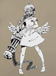 Rule 34 | 1girl, alternate costume, alternate hairstyle, ballet slippers, bandaged leg, bandaged wrist, bandages, braid, commentary request, dress, ear piercing, expressionless, feathered wings, gas mask, gatling gun, giant hand, grey background, gun, hair ornament, hairclip, holding, holding gun, holding weapon, kagamine rin, looking at viewer, low wings, mask, medium hair, monochrome, official art, piercing, q (vocaloid), saitamax, single braid, stitched arm, stitches, vocaloid, weapon, white dress, wings