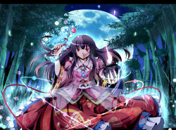 Rule 34 | 1girl, bamboo, black hair, bowl, bracelet, branch, full moon, houraisan kaguya, jeweled branch of hourai, jewelry, letterboxed, moon, red eyes, shino (moment), skirt, smile, solo, touhou