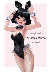 Rule 34 | :d, animal ears, armpits, bare shoulders, black bow, black bowtie, black eyes, black hair, black leotard, blunt ends, blush, bob cut, border, bow, bowtie, breasts, character name, cleavage, commentary, covered navel, cowboy shot, dated, detached collar, fake animal ears, fake tail, fishnet pantyhose, fishnets, girls und panzer, happy birthday, head tilt, leotard, looking at viewer, matsui yasutsugu, medium breasts, open mouth, outside border, pantyhose, pink background, playboy bunny, rabbit ears, rabbit pose, rabbit tail, short hair, side-tie leotard, smile, standing, strapless, strapless leotard, swept bangs, tail, utsugi yuuki, white border, wrist cuffs