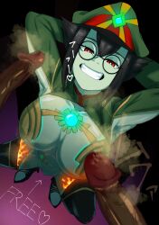 Rule 34 | 1girl, 2boys, :d, absurdres, armpits, arms behind head, black footwear, black hair, boots, breasts, bright pupils, colored skin, core crystal (xenoblade), dark-skinned male, dark skin, fire, glasses, glowing, green skin, grin, half-closed eyes, hat, highres, large breasts, looking at viewer, multiple boys, muscular, muscular female, navel, newt (xenoblade), no panties, open mouth, peaked cap, penis, prostitution, red eyes, revealing clothes, round eyewear, short hair, shrug (clothing), smell, smile, spread legs, squatting, ssbbtxxx, stomach, teeth, thigh boots, white pupils, xenoblade chronicles (series), xenoblade chronicles 2
