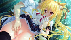 Rule 34 | 1girl, animal ears, blonde hair, grabbing another&#039;s breast, breasts, censored, clothes lift, fingering, forest, fox ears, game cg, grabbing, karin amagi, long hair, magical marriage lunatics!!, moonstone, nature, open mouth, red eyes, skirt, skirt lift, thighhighs, tree, yamakaze ran
