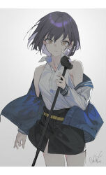 Rule 34 | 1girl, absurdres, bang dream!, bang dream! it&#039;s mygo!!!!!, bare shoulders, black skirt, collarbone, collared shirt, colored inner hair, cowboy shot, diffraction spikes, earrings, front slit, grey background, grey hair, highres, holding, holding microphone stand, jacket, jewelry, letterboxed, looking at viewer, microphone, microphone stand, multicolored hair, off shoulder, open clothes, open jacket, parted lips, qtian, shirt, shirt tucked in, short hair, signature, simple background, skirt, sleeveless, sleeveless shirt, solo, takamatsu tomori, white shirt, yellow eyes
