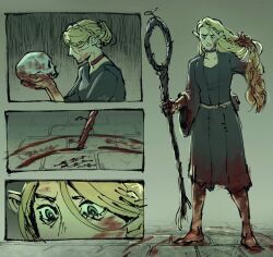 Rule 34 | 1girl, ambrosia (dungeon meshi), artist name, blonde hair, blood, blood on face, blood on hands, blood on leg, blue robe, bow, bowtie, braid, capelet, choker, clenched teeth, crown braid, dungeon meshi, elf, full body, green eyes, hair down, holding, holding skull, holding staff, killjo-q, long hair, marcille donato, multiple views, no shoes, pointy ears, red choker, robe, skull, spoilers, staff, teeth, torn clothes