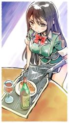 Rule 34 | 10s, 1girl, alcohol, artist name, black hair, bottle, chikuma (kancolle), cup, drinking glass, kantai collection, long hair, nonco, pelvic curtain, solo, wavy mouth, wine, wine bottle, wine glass