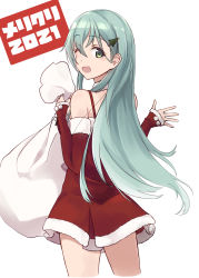 Rule 34 | 1girl, aqua hair, bridal gauntlets, cowboy shot, dress, from behind, fur-trimmed dress, fur trim, green eyes, hair ornament, hairclip, highres, kantai collection, long hair, looking at viewer, looking back, minosu, official alternate costume, one eye closed, red dress, sack, simple background, solo, standing, suzuya (kancolle), white background
