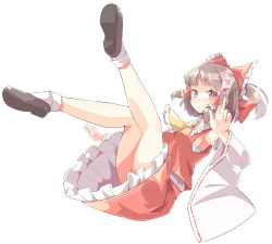 Rule 34 | armpits, arnest, ascot, bare legs, black footwear, blush, bow, breasts, bright pupils, brown eyes, brown hair, commentary request, detached sleeves, falling, frilled skirt, frills, hair bow, hair tubes, hakurei reimu, highres, legs up, looking at viewer, mary janes, medium breasts, medium hair, nontraditional miko, ofuda, red bow, red shirt, red skirt, ribbon-trimmed sleeves, ribbon trim, shirt, shoes, sidelocks, simple background, skirt, sleeveless, sleeveless shirt, socks, thighs, touhou, upskirt, white background, white pupils, white socks, yellow ascot