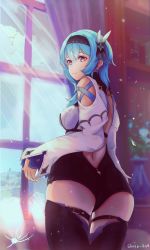 Rule 34 | 1girl, absurdres, ass, bare shoulders, blue hair, breasts, brown eyes, eula (genshin impact), flower, from behind, from below, genshin impact, hair flower, hair ornament, hairband, highres, long hair, looking at viewer, shishi ou, short shorts, shorts, sideboob, smile, solo, thighhighs, unitard
