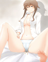 Rule 34 | 1boy, 1girl, barefoot, breasts, brown hair, feet, giant, giantess, large breasts, navel, no bra, open clothes, open shirt, panah, panties, shirt, short hair, smile, soles, spread legs, strike witches, strike witches: kurenai no majo-tachi, takei junko, toes, underwear, white panties, world witches series