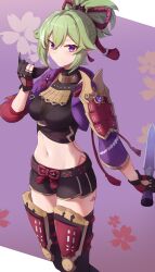 Rule 34 | 1girl, afrody, black gloves, black shirt, black shorts, black thighhighs, breasts, commentary request, crop top, dagger, genshin impact, gloves, green hair, hair between eyes, highres, holding, holding dagger, holding knife, holding mask, holding weapon, jacket, knife, kuki shinobu, large breasts, long sleeves, looking at viewer, mask, midriff, navel, open clothes, open jacket, ponytail, purple background, purple eyes, purple jacket, shirt, short hair, short shorts, shorts, solo, standing, stomach, thighhighs, thighs, weapon