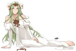 Rule 34 | 1girl, bare shoulders, barefoot, closed mouth, dress, fire emblem, fire emblem: three houses, flower, green eyes, green hair, hair flower, hair ornament, highres, long hair, long sleeves, nintendo, off-shoulder dress, off shoulder, rhea (fire emblem), sakuremi, simple background, solo, tiara, white background, white dress