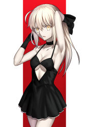 Rule 34 | 1girl, ahoge, argyle, argyle clothes, argyle cutout, arm up, armpits, artoria pendragon (all), artoria pendragon (fate), besmiled, black dress, black gloves, blonde hair, breasts, character cutout, cleavage, clothing cutout, collarbone, covered erect nipples, cowboy shot, dress, fate/stay night, fate (series), female focus, floating hair, gloves, hair between eyes, hands in hair, highres, long hair, medium breasts, open mouth, saber alter, short dress, sideboob, simple background, sleeveless, sleeveless dress, solo, underboob, very long hair, white background, yellow eyes