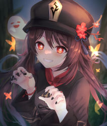 Rule 34 | 1girl, :d, = =, black hat, black nails, breasts, brown hair, brown jacket, closed eyes, commentary request, fang, flower, flower-shaped pupils, genshin impact, ghost, grin, hair between eyes, hands up, hat, hat flower, highres, hu tao (genshin impact), jacket, jewelry, long hair, long sleeves, looking at viewer, nagare yoshimi, nail polish, open mouth, red eyes, red flower, red shirt, ring, shirt, small breasts, smile, solo, symbol-shaped pupils, tree, twintails, upper body, very long hair