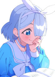 Rule 34 | 1girl, afnroll, arona (blue archive), blue archive, blue hair, blue shirt, blush, book, braid, choker, collarbone, commentary, hair over one eye, hairband, hand on own face, highres, light blue hair, looking at viewer, open book, reading, school uniform, shirt, white background