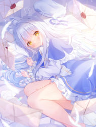 Rule 34 | 1girl, angel wings, animal ear fluff, animal ears, bare legs, blue dress, blue hair, blush, commentary request, dress, feathered wings, feathers, feet out of frame, highres, holding, holding feather, legs, letter, long hair, long sleeves, looking at viewer, lying, medal, omochi monaka, on bed, on side, original, rabbit ears, signature, smile, solo, very long hair, white wings, wings, yellow eyes