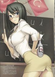 Rule 34 | 1girl, alcohol, alphabet, ass, ataturk, black hair, blue eyes, blush, bottle, breasts, butle, chalkboard, classroom, dictator, gender request, genderswap, glasses, hand on own hip, highres, large breasts, leaning forward, light smile, looking at viewer, looking back, mc axis, miniskirt, moire, mustafa kemal ataturk, pencil skirt, pointer, scan, school, skirt, smile, solo, tanaka shoutarou, teacher, translation request, turkey (bird), turkey (country), turkish flag