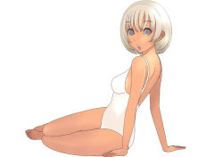 Rule 34 | 1girl, arm support, barefoot, blue eyes, bob cut, grey eyes, grey hair, kiriman (souldeep), one-piece swimsuit, open mouth, short hair, simple background, solo, swimsuit, tan