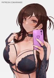 1girl araneesama black_bra bra breasts bridal_gauntlets brown_eyes brown_hair cleavage closed_mouth commentary english_commentary half_up_half_down_braid highres holding holding_phone kanojo_okarishimasu large_breasts long_hair looking_at_viewer mizuhara_chizuru nail_polish phone playing_with_own_hair selfie smile solo underwear upper_body white_background