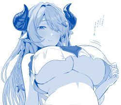 Rule 34 | 1girl, blue theme, braid, breasts, commentary request, draph, eyes visible through hair, granblue fantasy, hair ornament, hair over one eye, horns, large breasts, looking at viewer, metsu end, monochrome, narmaya (granblue fantasy), pointy ears, simple background, single braid, smile, solo, translation request, underboob, upper body, white background