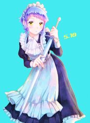 Rule 34 | 1girl, :o, apron, black dress, blue background, blush, commentary request, dated, dress, flat chest, frilled apron, frills, gloves, highres, holding, holding sword, holding weapon, idolmaster, idolmaster million live!, juliet sleeves, long sleeves, looking at viewer, maid, maid apron, maid day, maid headdress, makabe mizuki, puffy sleeves, purple hair, short hair, sidelocks, solo, sword, tnsk st00, wavy hair, weapon, white gloves, yellow eyes