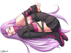 Rule 34 | 1girl, arms behind back, bdsm, black dress, black footwear, black thighhighs, bondage, boots, bound, breasts, chain, dress, facial mark, fate/stay night, fate (series), forehead mark, gagged, gbeeee, grey eyes, highres, large breasts, long hair, looking back, medusa (fate), medusa (rider) (fate), purple hair, short dress, solo, strapless, strapless dress, thigh boots, thighhighs, very long hair