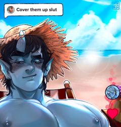 Rule 34 | 1boy, bara, beach, blue skin, blush, colored skin, cover them up slut (meme), highres, horns, large pectorals, looking at viewer, male focus, meme, muscular, muscular male, nipples, nude, original, pectoral focus, pectorals, pointy ears, short hair, single horn, solo, sunlight, thick eyebrows, tiktok, tiowinwin, upper body