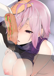 Rule 34 | 1girl, bad id, bad pixiv id, breasts, censored, fate/grand order, fate (series), fellatio, heart, heart-shaped pupils, highres, hot dog, kurowa, large breasts, mash kyrielight, nipples, oral, out of frame, penis hot dog, pink hair, sexually suggestive, solo focus, symbol-shaped pupils