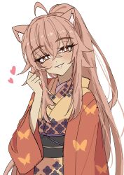 Rule 34 | 1girl, absurdres, animal ears, arknights, blush, bright pupils, brown eyes, gravel (arknights), hair between eyes, hand up, heart, highres, japanese clothes, kimono, long hair, long sleeves, looking at viewer, orange kimono, parted lips, pink hair, shino duka, simple background, smile, solo, upper body, very long hair, white background, white pupils
