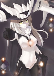 Rule 34 | 10s, 1girl, abyssal ship, bodysuit, cape, glowing, glowing eyes, hsuliherng, kantai collection, silver hair, staff, wo-class aircraft carrier, yellow eyes
