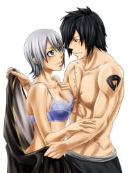 Rule 34 | 1boy, 1girl, arya-aiedail, black hair, blue bra, blue eyes, bra, breasts, cape, cleavage, eye contact, fairy tail, lace, lace-trimmed bra, lace trim, lisanna strauss, looking at another, red eyes, rogue cheney, scar, short hair, silver hair, tattoo, underwear