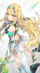Rule 34 | 1girl, absurdres, ass, back, blonde hair, breasts, chest jewel, earrings, fire, gloves, hatsuga (dmaigmai), highres, huge filesize, jewelry, large breasts, long hair, mythra (xenoblade), skindentation, smile, solo, sword, very long hair, weapon, white background, xenoblade chronicles (series), xenoblade chronicles 2, yellow eyes