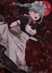 Rule 34 | 1girl, absurdres, alternate costume, apron, aqua hair, back bow, bat wings, black dress, black gloves, blunt bangs, bow, center frills, dress, enmaided, framed breasts, frills, gloves, highres, holding, holding tray, long dress, looking at viewer, love live!, love live! superstar!!, maid, maid headdress, moon, night, night sky, onitsuka tomari, puffy short sleeves, puffy sleeves, pukonuu, red eyes, red moon, red sky, short sleeves, skirt hold, sky, solo, tray, twintails, underbust, waist apron, white apron, wings