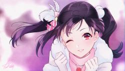 Rule 34 | 1girl, anxflower, black hair, bow, feather hair ornament, feathers, floating hair, grin, hair bow, hair ornament, highres, long hair, long sleeves, looking at viewer, love live!, one eye closed, pink bow, pink sweater, portrait, red eyes, smile, snow halation, solo, striped, striped bow, sweater, twintails, white feathers, yazawa nico