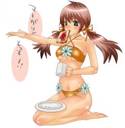 Rule 34 | 1girl, bad id, bad pixiv id, barefoot, bikini, blue eyes, blush, bread, bread slice, breasts, brown hair, coffee mug, crumbs, cup, floating hair, food, food in mouth, full body, hair ribbon, holding, holding cup, jam, kneeling, long hair, looking afar, medium breasts, mouth hold, mug, navel, nose blush, original, outstretched arm, plate, poruhi, ribbon, seiza, simple background, sitting, solo, swimsuit, toast, toast in mouth, translation request, twintails, underboob, white background, yellow bikini
