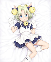 Rule 34 | 1girl, absurdres, animal hands, animal hat, apron, bell, blue dress, blue eyes, cat hat, cat tail, commentary request, dakimakura (medium), dejiko, di gi charat, dress, full body, gloves, green hair, hat, highres, jingle bell, looking at viewer, lying, maid apron, mittens, paw gloves, paw shoes, sc naru, shoes, short hair, solo, tail, white hat, white mittens