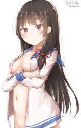 Rule 34 | 1girl, blue sailor collar, breasts, brown hair, collarbone, crossed arms, hair ribbon, highres, isokaze (kancolle), kantai collection, long hair, long sleeves, naked shirt, navel, open clothes, open shirt, red eyes, red ribbon, ribbon, sailor collar, shirt, simple background, small breasts, solo, tateishi kureha, very long hair, white background, white shirt