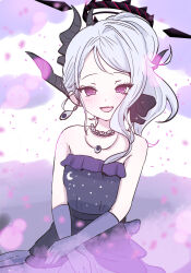 Rule 34 | 1girl, black horns, blue archive, blush, commentary request, demon horns, dress, elbow gloves, giorgio (yo sumire sola1), gloves, grey hair, halo, highres, hina (blue archive), hina (dress) (blue archive), horns, jewelry, long hair, looking at viewer, multiple horns, necklace, official alternate costume, open mouth, purple eyes, purple gloves, smile, solo, strapless, strapless dress, upper body