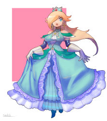 Rule 34 | 1girl, bare shoulders, blonde hair, blue dress, blue eyes, brooch, crown, dress, earrings, full body, gloves, hair over one eye, highres, holding, holding clothes, holding dress, jewelry, long hair, looking at viewer, mario (series), nintendo, oomasa teikoku, open mouth, rosalina, solo, star (symbol), star earrings, super mario galaxy, white gloves