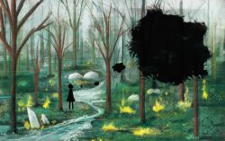 Rule 34 | 1girl, commentary request, crying, day, fjsmu, forest, grass, nature, original, outdoors, silhouette, solo, standing, streaming tears, tears, tree, water