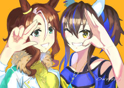 Rule 34 | 2girls, absurdres, animal ears, aqua eyes, artist name, asymmetrical docking, bare shoulders, blue hair, blue shirt, breast press, breasts, brown hair, clothing cutout, colored inner hair, commentary request, daitaku helios (umamusume), ear covers, ear ornament, ear piercing, facial tattoo, fur-trimmed jacket, fur trim, grin, hair between eyes, hair ornament, hairclip, highres, horse ears, horse girl, jacket, jewelry, looking at viewer, medium breasts, medium hair, mejiro palmer (umamusume), multicolored hair, multiple girls, necklace, one eye closed, onefect, open clothes, open jacket, piercing, ponytail, shirt, shoulder cutout, side ponytail, smile, streaked hair, sweater, tattoo, two-tone shirt, umamusume, upper body, white hair, white jacket, yellow eyes, yellow shirt, yellow sweater