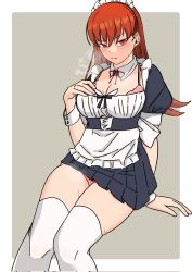 Rule 34 | 1girl, alternate costume, apron, black dress, breasts, brown eyes, brown hair, detached collar, dress, enmaided, highres, kantai collection, large breasts, long hair, looking at viewer, maid, maid headdress, mochizou, ooi (kancolle), sitting, solo, thighhighs, white apron, white thighhighs