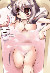 Rule 34 | 1girl, = =, arm support, bath, bathing, bathtub, blush, breasts, brown eyes, bubble bath, censored, clenched hand, convenient censoring, foam, from above, grey eyes, hair between eyes, khmix, large breasts, light smile, long hair, looking to the side, original, partially submerged, rabbit, reclining, smile, soap bubbles, soap censor, solo, water