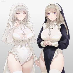 Rule 34 | 2girls, artist name, black dress, black headwear, blue eyes, blush, chowbie, cross, cross necklace, dress, gradient background, grey background, grey hair, highres, jewelry, leotard, long hair, long sleeves, looking at viewer, multiple girls, necklace, nun, original, own hands together, parted lips, purple eyes, simple background, smile, thighhighs, thighs, white headwear, white leotard, white thighhighs