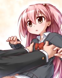 Rule 34 | 1girl, blush, bow, brown eyes, child, hair bobbles, hair ornament, highres, holding, jacket, mikane sebiri, moegi nenene, open mouth, original, pink hair, solo focus, twintails, two side up