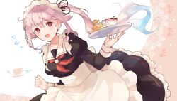 Rule 34 | 1girl, adapted costume, alternate costume, apron, black dress, black ribbon, blue hair, commentary request, cowboy shot, cup, dress, enmaided, flying sweatdrops, frilled apron, frills, gradient hair, hair ribbon, harusame (kancolle), kantai collection, maid, multicolored hair, neckerchief, pink hair, red eyes, red neckerchief, ribbon, shakemi (sake mgmgmg), side ponytail, solo, spill, teacup, tray, white apron