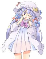 Rule 34 | 1girl, arnest, blue bow, blush, bow, bowtie, commentary, cowboy shot, crescent, crescent pin, dress, hair bow, hat, hat bow, index finger raised, index fingers raised, long hair, long sleeves, looking at viewer, mob cap, one eye closed, open mouth, patchouli knowledge, purple bow, purple bowtie, purple eyes, purple hair, purple hat, red bow, see-through silhouette, simple background, smile, solo, striped clothes, striped dress, touhou
