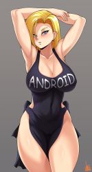 Rule 34 | 1girl, android 18, apron, arms behind head, black apron, blonde hair, blue eyes, blush, breasts, cosplay, curvy, dragon ball, dragonball z, earrings, grey background, highres, jewelry, jmg, large breasts, looking at viewer, medium hair, naked apron, shiny skin, sideboob, signature, solo, standing, toned