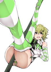 Rule 34 | 1girl, akatsuki kirika, ass, blonde hair, blush, breasts, commentary request, elbow gloves, funkysatou, gloves, green eyes, green leotard, hair ornament, highres, leotard, looking at viewer, medium breasts, no shoes, open mouth, scythe, senki zesshou symphogear, shiny skin, short hair, simple background, smile, solo, striped clothes, striped thighhighs, thighhighs, thighhighs pull, thighs, translation request, white background, x hair ornament