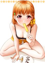 Rule 34 | 1girl, ahoge, bare legs, bare shoulders, barefoot, blush, bow, braid, breasts, camisole, cleavage, dolphin shorts, downblouse, food, food in mouth, food on body, food on breasts, from above, full body, hair bow, hand fan, highres, holding, holding food, indian style, looking at viewer, love live!, love live! sunshine!!, medium breasts, medium hair, navel, orange hair, orange shorts, pink eyes, popsicle, sexually suggestive, short shorts, shorts, simple background, sitting, solo, takami chika, tareme, wet, yonsi